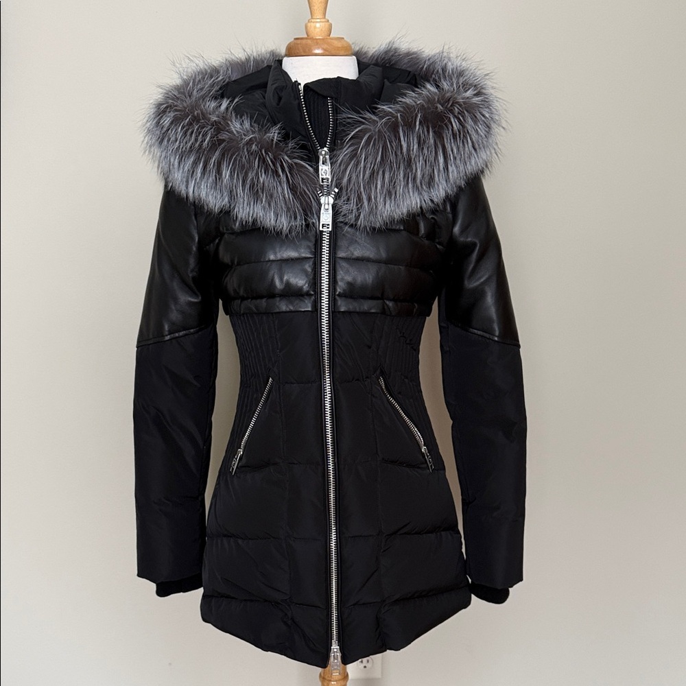 Nicole Benisti Black Down Jacket with Real Fox Fur Trim and Leather Accents